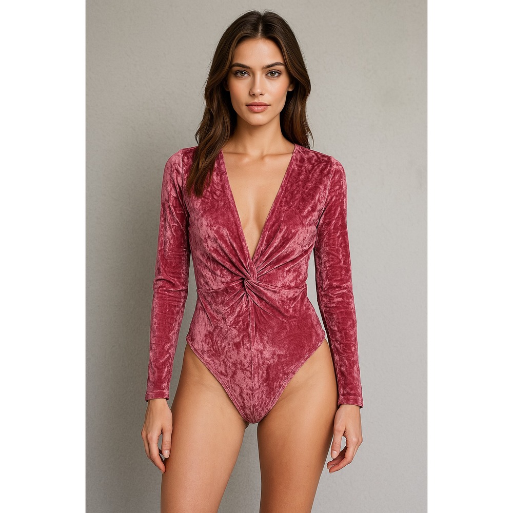 Crushed Velvet‎ Bodysuit Womens S Pink Plunging Deep V Twisted Playboy Bunny